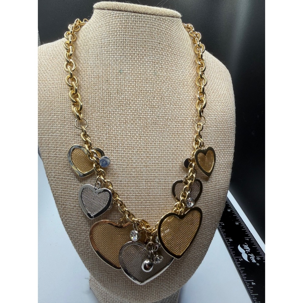 Mixed Metal Mesh Heart Charm Statement Necklace‎ Gold Silver Tone Chunky Link